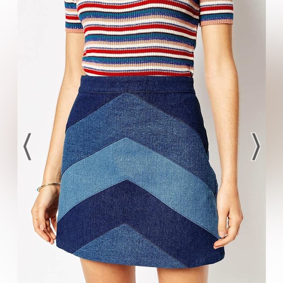 ASOS 100% Cotton Denim Blue Chevron Patchwork Mini Skirt - Picture 6 of 9